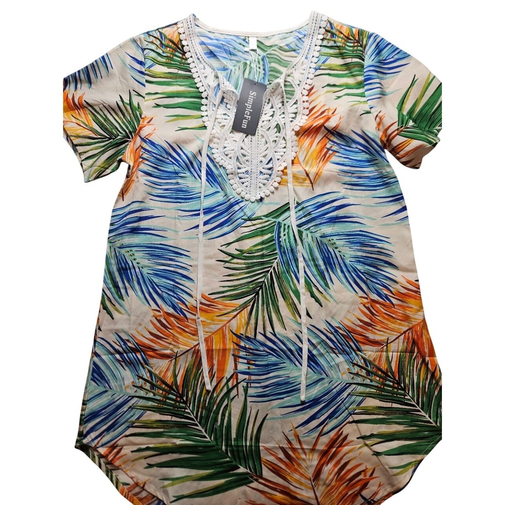 SimpleFun Womens Tropical Palm Leaf Print Crochet Lace V-Neck swim cover M NWT